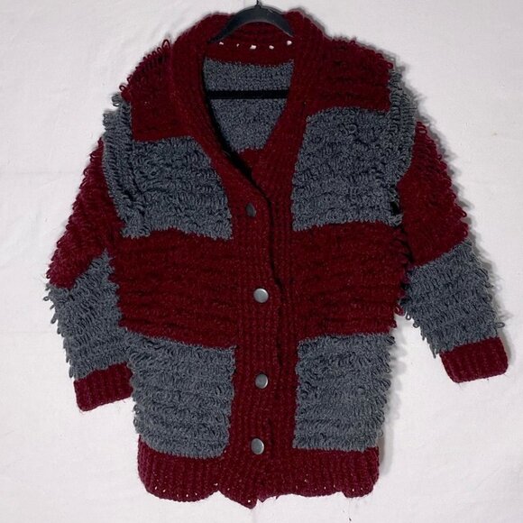 Hand Knit Burgundy Grey Striped Loopy Stitch Knit Button Up Cardigan XXL - Picture 12 of 12